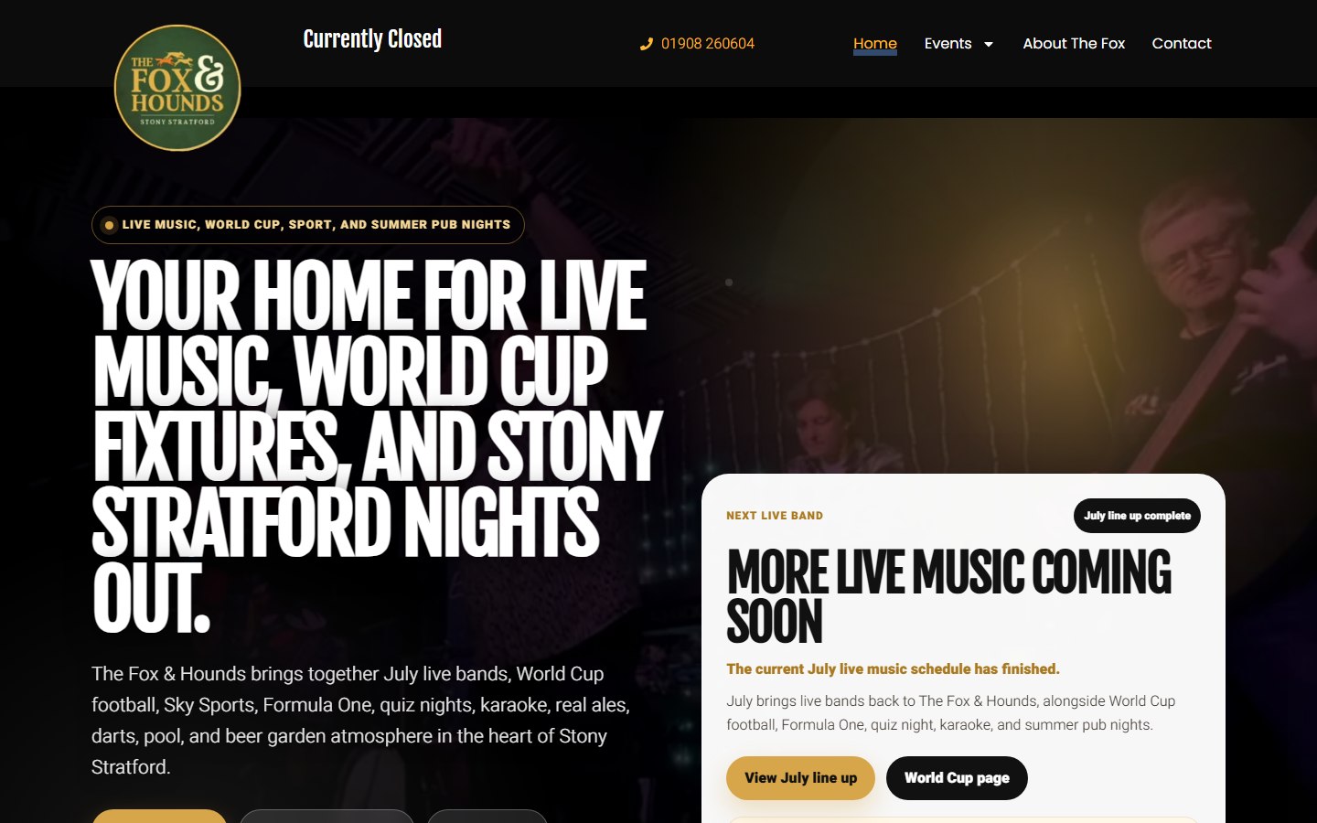 The Fox and Hounds Stony Stratford website homepage